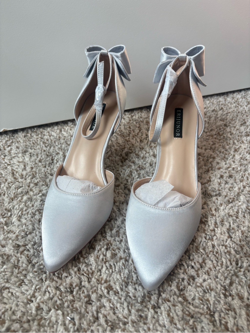 Erijunor Silver Satin Pointed-Toe Heels with Ankle Bow